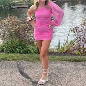 . Hello Molly Pink One-Shoulder Ruched Mini | Sheer Balloon Sleeve | Size S